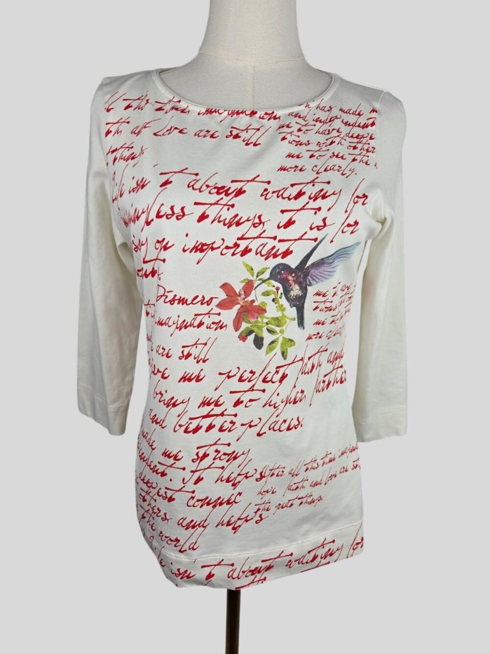 Dismero Italy Stretch Top 3/4 Sleeve‎ Graphic M Hummingbird Floral Script Art